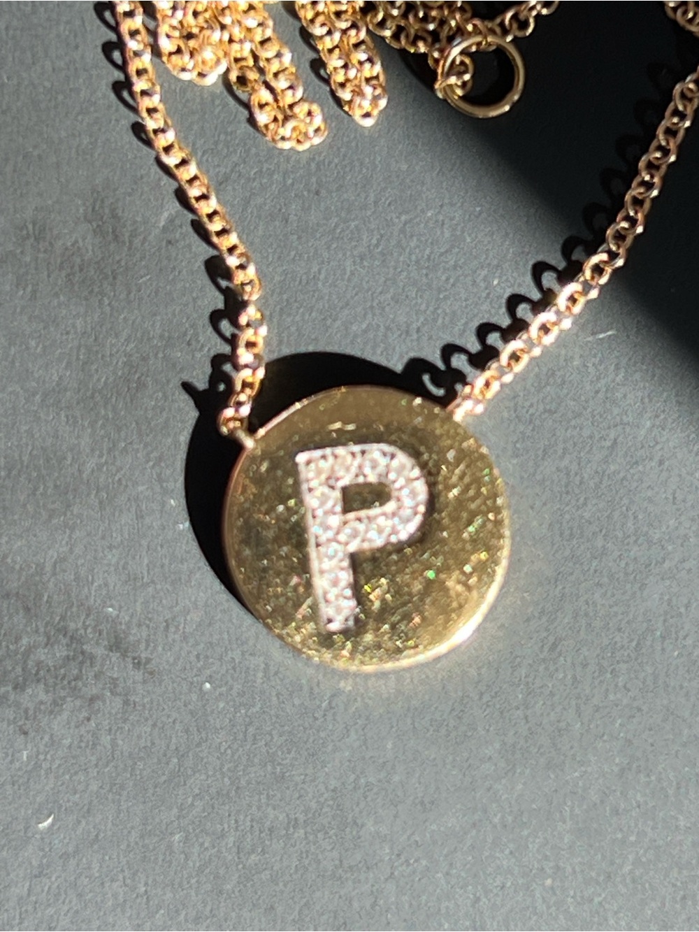 14k Good Initial 'P' Disc Necklace with Pavé Diamonds - Picture 3 of 10